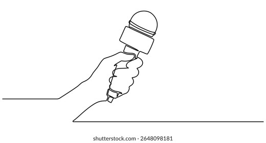 Desenho contínuo de uma linha de mão segurando microfone de notícias. Linha editável, Jornalista, conceito de repórter, Esta ilustração minimalista representa um repórter de notícias de TV, capturando a essência do jornalismo