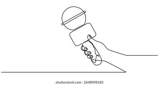 Desenho contínuo de uma linha de mão segurando microfone de notícias. Linha editável, Jornalista, conceito de repórter, Esta ilustração minimalista representa um repórter de notícias de TV, capturando a essência do jornalismo