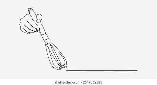 Continuous one line drawing of hand holding whisk. Editable line. Vector illustration.