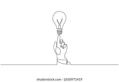 Continuous one line drawing of hand pointing a bulb lamp. Think big, point to idea concept, Hand with light bulb one continuous line drawing. Pointing symbol of creative idea editable outline.