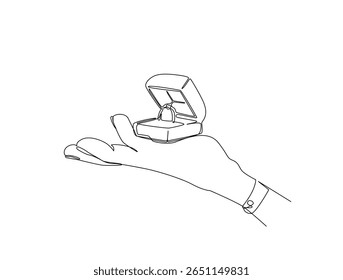 Continuous one line drawing of hand holding wedding ring box. Hand holds ring box outline illustration. Editable vector.
