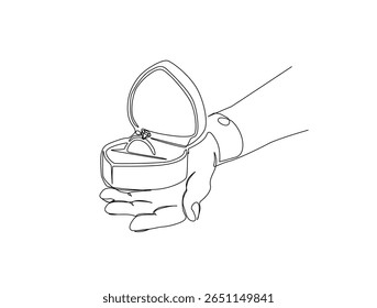 Continuous one line drawing of hand holding wedding ring box. Hand holds ring box outline illustration. Editable vector.
