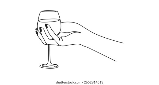Continuous one line drawing of hand holding wine glass. Silhouette of alcoholic drink single line art style vector illustration