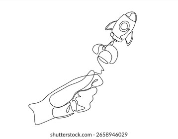 Dibujo continuo de una línea de la mano se lanza al cohete del cielo. Concepto de inicio de negocio. Dibujado a mano un Vector de línea. Trazo editable 