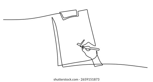 Desenho contínuo de uma linha de uma mão segurando uma área de transferência com uma marca de seleção, simbolizando relatórios de negócios, contratos e tarefas concluídas. Arte vetorial minimalista.