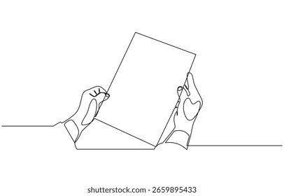 Continuous one line drawing of hand holding a paper vector illustration. Editable outline