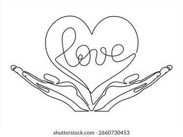 Continuous one line drawing hand holding heart. Charity donation linear symbol. Vector isolated on white. line icon-continuous line drawing. Editable stroke.