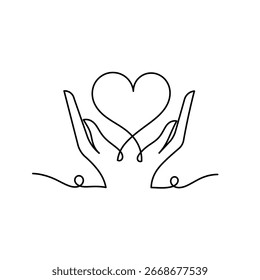 Uma linha contínua desenhando a mão segurando o coração. Símbolo linear de doação de caridade. um desenho em linha contínua de duas mãos segurando um coração. um símbolo de afeto