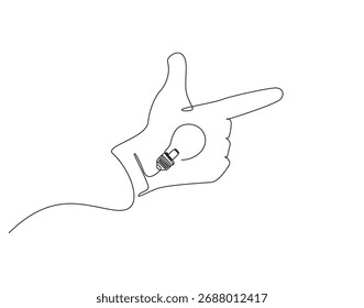 Dibujo continuo de una línea de pose de pistola de mano con bombilla. Ilustración de dibujo de una línea de la mano y la mezcla de bulbo. Idea, concepto de inspiración de una sola línea. Esquema editable