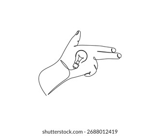 Dibujo continuo de una línea de pose de pistola de mano con bombilla. Ilustración de dibujo de una línea de la mano y la mezcla de bulbo. Idea, concepto de inspiración de una sola línea. Esquema editable