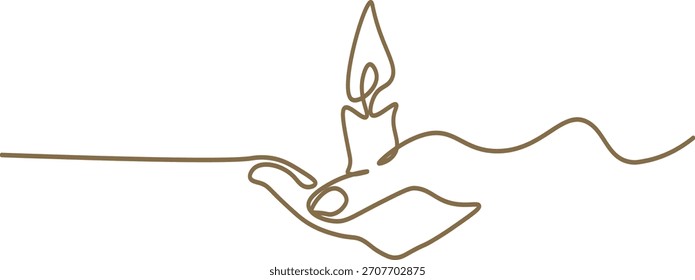 Continuous One Line Drawing: Hand Holding Burning Candle Flame. Minimalist Vector Art Symbolizing Hope, Prayer, and Memorial.