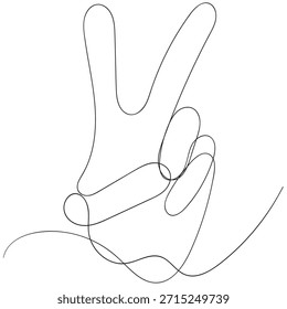 Continuous one line drawing of a hand with two fingers raised as a peace sign on transparent background. Vector illustration.