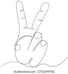 Desenho contínuo de uma linha de uma mão com dois dedos levantados como um sinal de paz sobre fundo transparente. Ilustração vetorial.