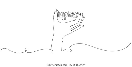 Dibujo continuo de una línea de mano sosteniendo la palabra de felicidad