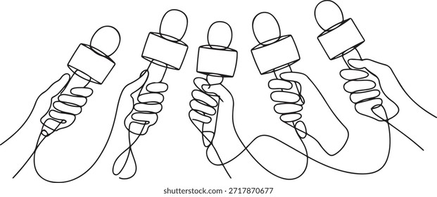 Dibujo continuo de una línea a mano con micrófono. Concepto de periodismo. Conjunto de manos sosteniendo micrófonos. Manos de Prensa mano plana. Micrófono. Periodista. una línea de dibujo de iconos

