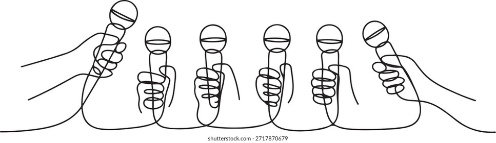 Dibujo continuo de una línea a mano con micrófono. Concepto de periodismo. Conjunto de manos sosteniendo micrófonos. Manos de Prensa mano plana. Micrófono. Periodista. una línea de dibujo de iconos
