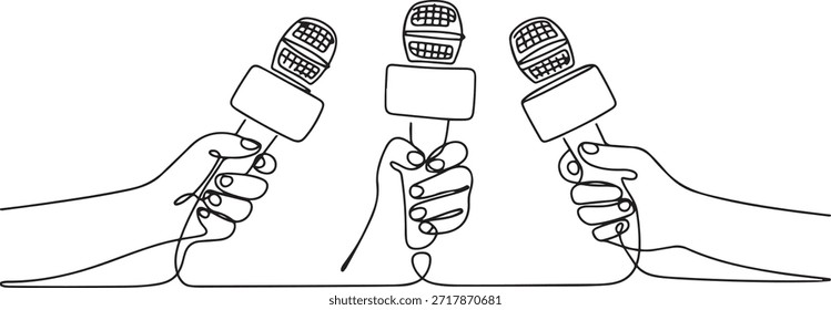 Dibujo continuo de una línea a mano con micrófono. Concepto de periodismo. Conjunto de manos sosteniendo micrófonos. Manos de Prensa mano plana. Micrófono. Periodista. una línea de dibujo de iconos
