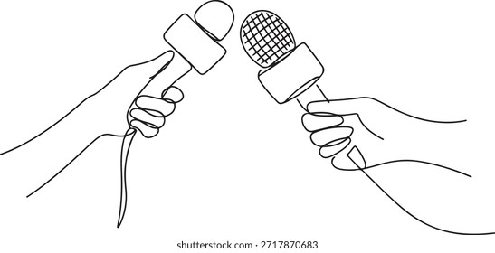 Dibujo continuo de una línea a mano con micrófono. Concepto de periodismo. Conjunto de manos sosteniendo micrófonos. Manos de Prensa mano plana. Micrófono. Periodista. una línea de dibujo de iconos
