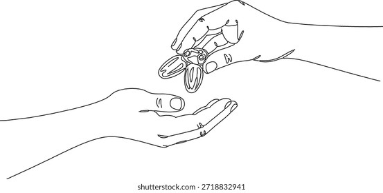Desenho contínuo de uma linha de uma mão dando tâmaras fruta a outra mão. Ilustração desenhada à mão minimalista para o conceito de caridade do Ramadã e do Eid (Zakat)