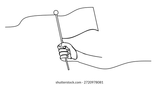 Desenho contínuo de uma linha da bandeira Mão segurando. Ilustração de desenho de linha única do sinalizador de espera manual. Celebração conceito de vitória arte vetorial.