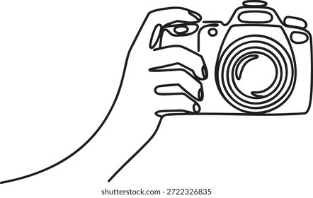 Durchgehende einzeilige Zeichnung einer Hand, die eine Kamera hält. Diese Illustration zeigt eine einzigartige und moderne Fotografie. Die Single Line Art schafft eine saubere und minimalistische Ästhetik, perfekt für verschiedene Design-Anwendungen. Es repräsentiert Kreativität und die Erfassung von Momenten durch einen vereinfachten künstlerischen Stil. Die Vektorgrafik sorgt für hohe Qualität und Skalierbarkeit.