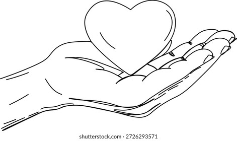 Continuous one line drawing of Hand holding a heart. Simple sketch illustrating a hand gently holding a heart symbol of love and care.
