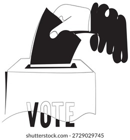 Desenho contínuo de uma linha de mão colocando ou inserindo papel de votação na urna. Design linear minimalista. Votar conceito. Ilustração de vetor na moda
