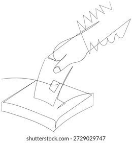 Desenho contínuo de uma linha de mão colocando ou inserindo papel de votação na urna. Design linear minimalista. Votar conceito. Ilustração de vetor na moda