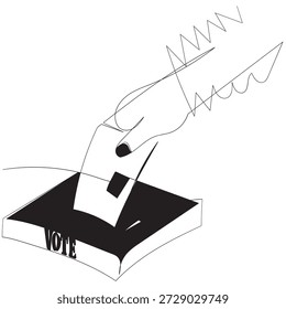Desenho contínuo de uma linha de mão colocando ou inserindo papel de votação na urna. Design linear minimalista. Votar conceito. Ilustração de vetor na moda