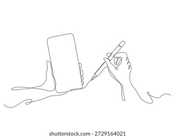 Desenho contínuo de uma linha de uma mão segurando um smartphone, enquanto outra mão usa uma caneta stylus, simbolizando a tomada de notas digitais e tecnologia móvel. Traçado editável de vetor