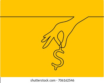 Continuous one line drawing of hand holding dollar sign on yellow background. EPS10 vector illustration for business template, banner, app, poster, leaflet, postcard. Woman hand paying money concept.