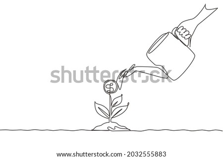 Continuous one line drawing hand holding watering can watering money plant at ground. Hand of businessman who pours money tree. Concept of earnings, success, money. Single line draw design vector