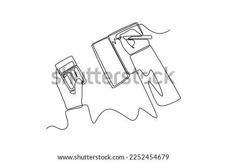 Continuous one line drawing hand using calculator and writing make note with calculate about cost. Budget planner concept. Single line draw design vector graphic illustration.