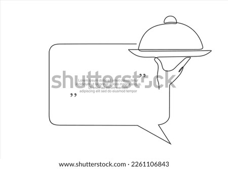 Continuous one line drawing of hand holds a tray and speech bubble. Trendy line art vector on a white background. Vector illustration.