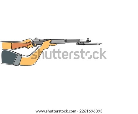 Continuous one line drawing hand holding M1 garand semi-automatic rifle with knife bayonet. British military action rifle with attached bayonet. Single line draw design vector graphic illustration