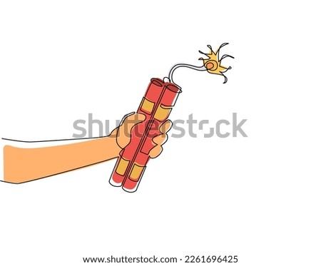 Continuous one line drawing hand holding dynamite. Dynamite bomb with burning wick. Military detonate weapon. TNT weapon before explosion moment. Single line draw design vector graphic illustration
