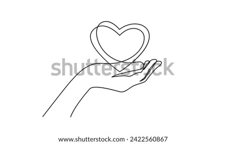 Continuous one line drawing hand holding heart. Charity donation linear symbol template