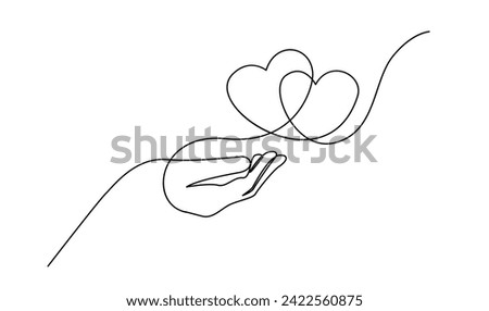 Continuous one line drawing hand holding heart. Charity donation linear symbol template