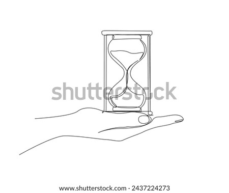 Continuous one line drawing of hand holding hourglass . Hand holds Sand glass timer line art vector illustration. Editable stroke.	