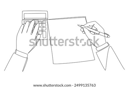 Continuous one line drawing of hand using calculator and other hand holding pen to check company accounting document, company audit concept, single line art.