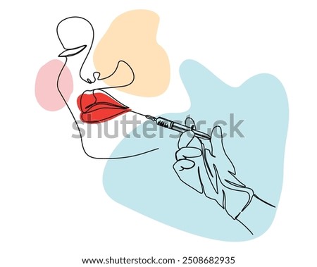 Continuous one line drawing of hand holding syringe -lips injection. Beauty surgery concept single line vector illustration. Editable stroke.