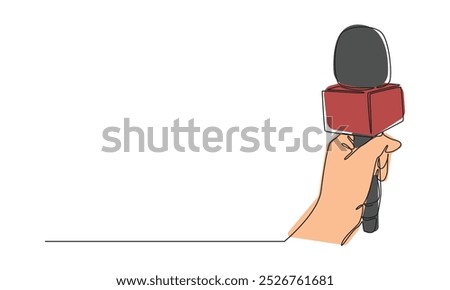 Continuous one line drawing of hand holding news microphone. Editable line. Isolated background. Vector illustration.