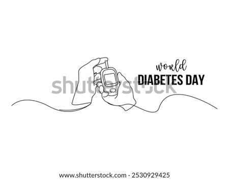 Continuous one line drawing hand using glucometer for checking blood sugar level. World diabetes day concept. Single line draw design illustration