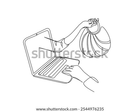Continuous one line drawing of hand out from laptop screen holding women bag. Online shopping concept. Editable vector. 
