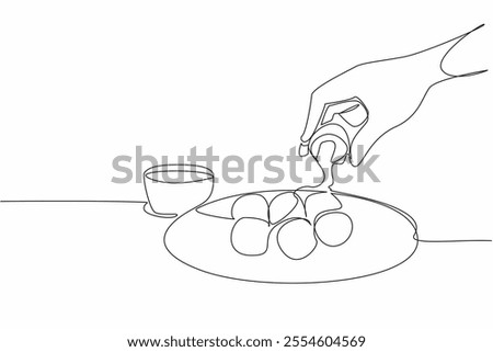 Continuous one line drawing hand taking a piece of cheese ball on a plate with melted cheese. Spicy and savory. Increase appetite. National Cheese Ball Day. Single line draw design vector illustration