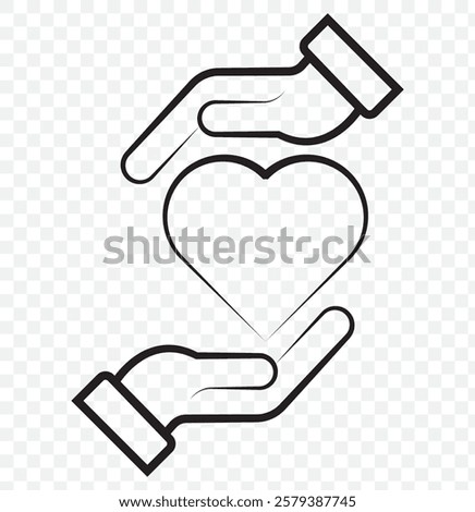 Continuous one line drawing hand holding heart. Charity donation linear symbol. Vector isolated on transparent. two hands crossed little fingers and a heart. the concept of romantic relationships. 