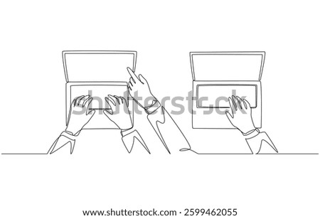 Continuous one line drawing of hand pointing on laptop screen of colleague, collaboration and teamwork, interaction at work concept, single line art