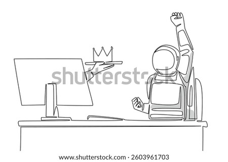 Continuous one line drawing hand of astronaut out of monitor screen while holding a crown. Legitimacy as the most successful astronaut. Things from Screen. Single line draw design vector illustration