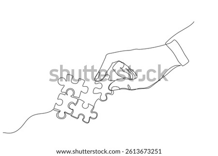 Continuous one line drawing of a hand placing a puzzle piece. Minimalist style illustration representing problem solving, connection, teamwork, and creativity. Vector illustration, Editable stroke