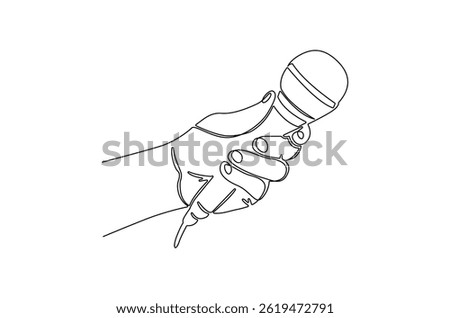 Continuous one line drawing of Hand holding microphone. Single line drawing illustration of for Microphone interview. World press freedom concept vector art. Doodle line illustration.